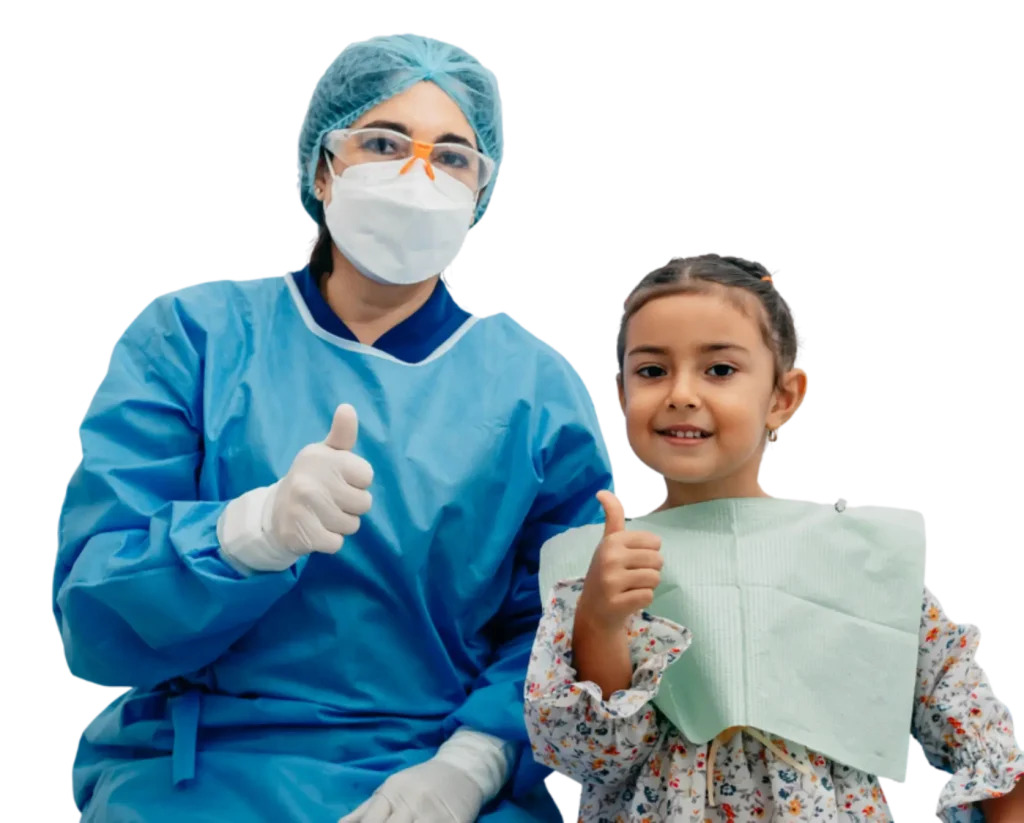 A woman and a child dressed in surgical attire, both smiling and giving a thumbs up, symbolizing encouragement and support.