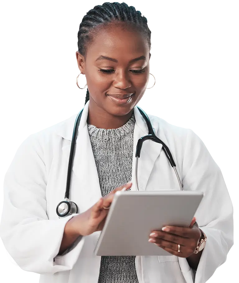 A female doctor holding a tablet computer, looking engaged and ready to assist with patient care.