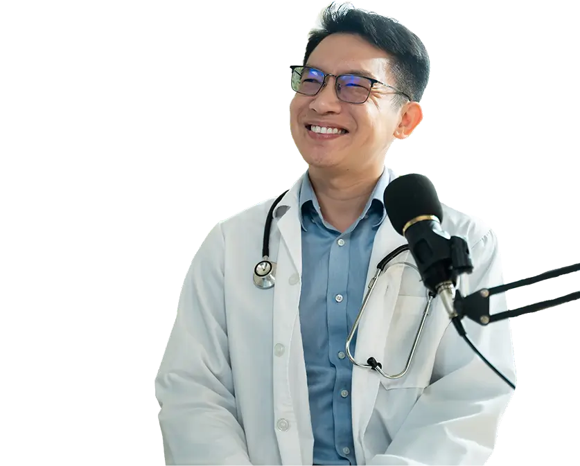 Doctor with microphone on podcast